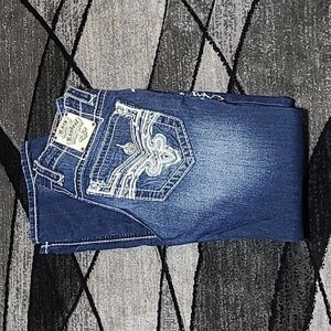 ROCK REVIVAL DEMETRY SLIM BOOT EMBROIDERED FAUX FLAP DENIM JEAN